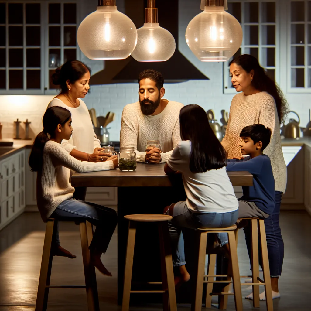 Family gathering at kitchen island